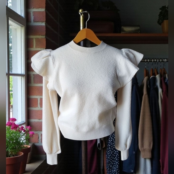 Ulla Johnson Lorena Neutral Creme Merino Wool Bishop Sleeve Pullover Size S - Picture 1 of 12